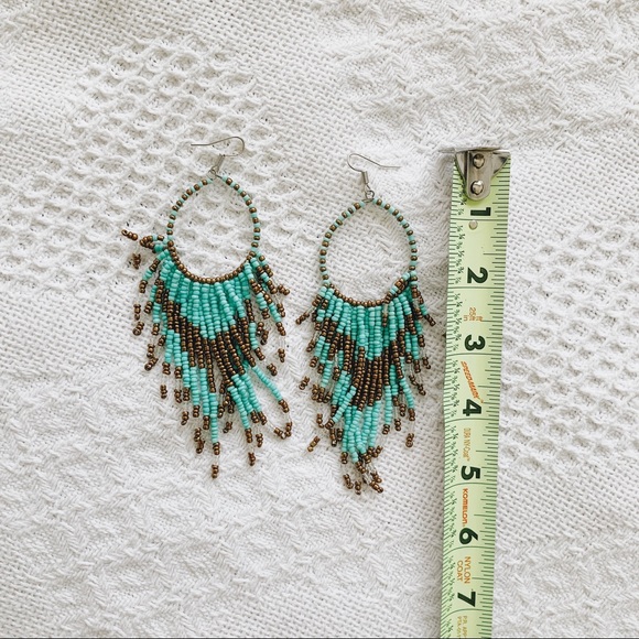 Turquoise and gold colored beaded earrings - Picture 3 of 4